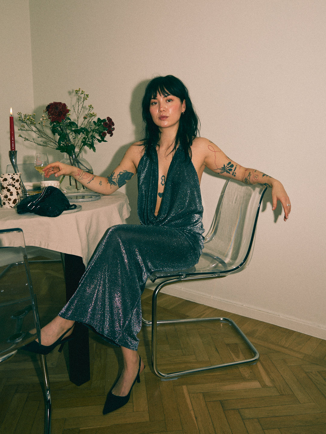 DRAPED SPARKLING DRESS / SILVER